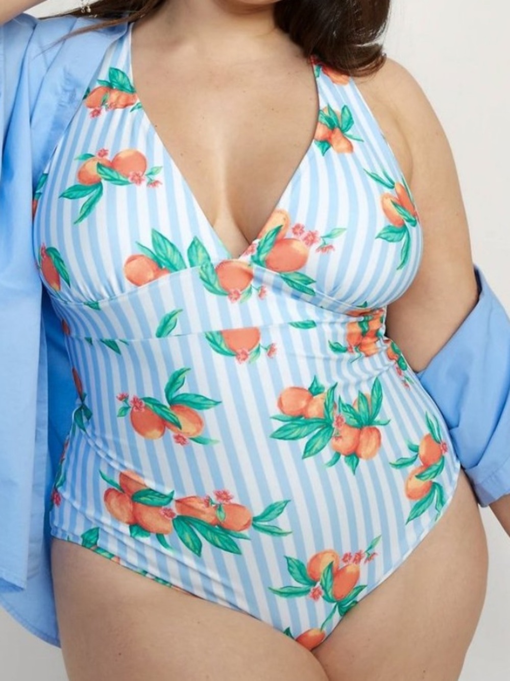 Old Navy Striped Blue & White One-Piece Swimsuit Orange Fruit Print. Size Large.